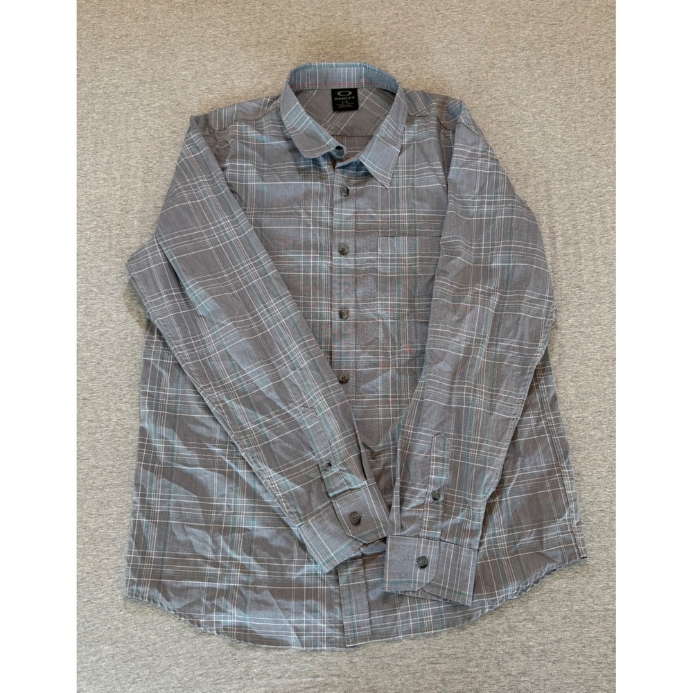 Oakley Mens Grey Plaid Long Sleeve Button Down Shirt Large RN 96548 CA 35460